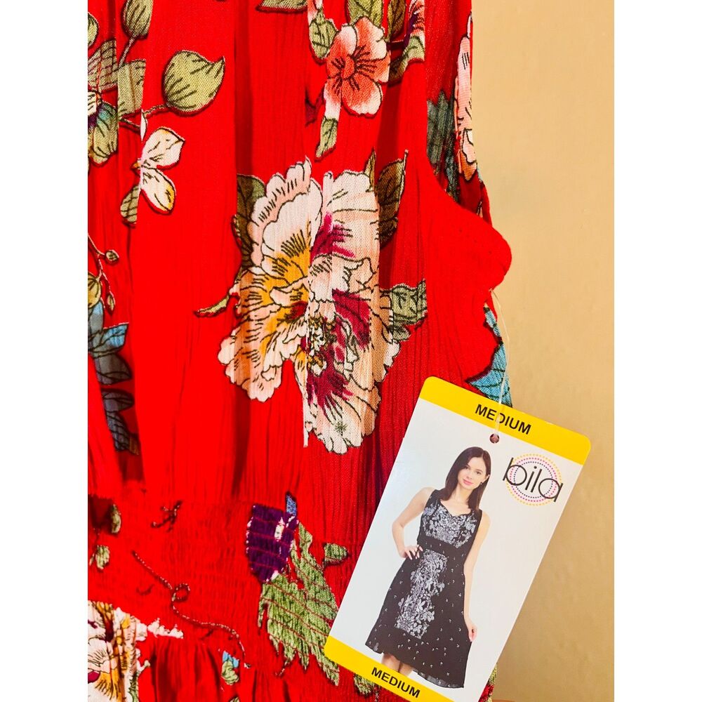 NWT Bila India Red Floral Boho Gauze Sleeveless Dress Medium
